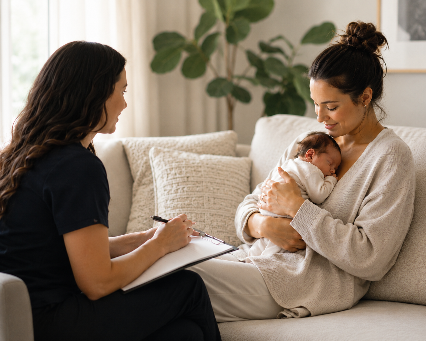 Dr. Hannah Jones providing in-home postpartum pelvic floor physical therapy for a new mother in Franklin, TN.